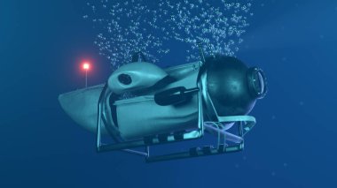 Okyanusun derinliklerine doğru inerken, derin deniz denizaltısının içe doğru patlamasının 3 boyutlu bir çizimi.