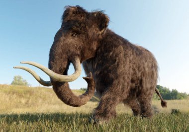 Çimenli bir arazide yürüyen üç boyutlu bir mamut resmi..