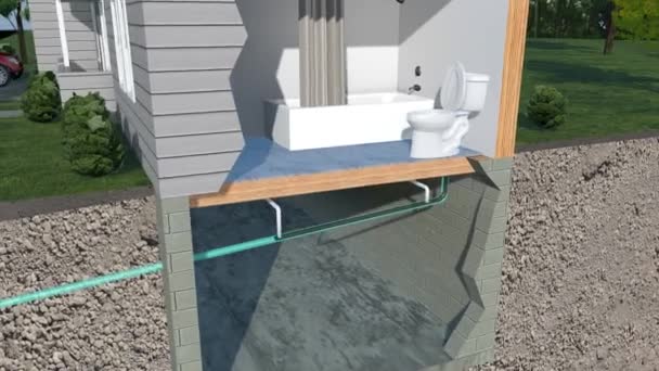 卫生污水收集器动画一个住宅厕所冲洗后流经管道进入卫生污水收集池的3D动画 — 图库视频影像