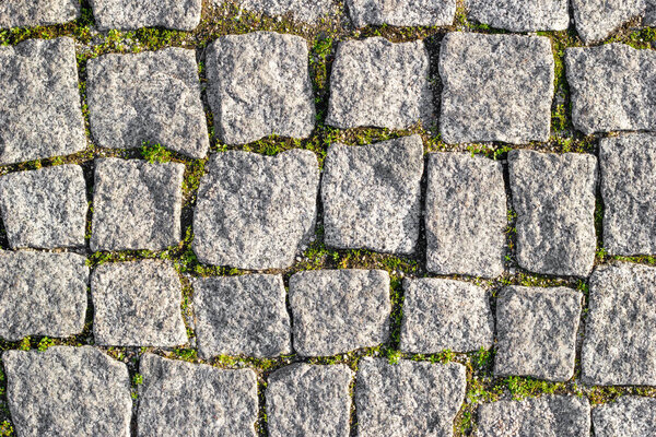 Stone road paved with asymmetrical stones with sprouted grass between stones. Textured background, top view