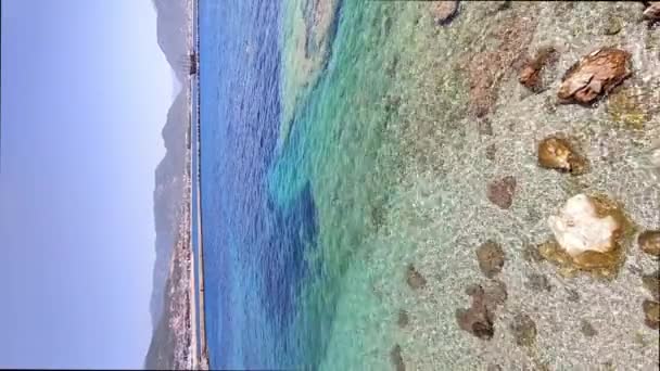 リラクゼーションと休暇のコンセプト 明確な青いターコイズ水が光る海岸のパノラマ 太陽の光 垂直ビデオ — ストック動画