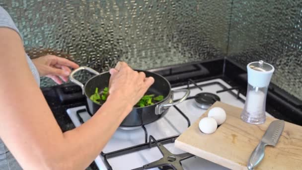 Vrouw Roostert Gehakte Spinazie Voorverwarmde Koekenpan Kookt Vegetarische Schotel Handen — Stockvideo