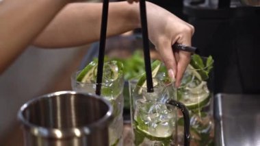 Kamışı nane ve kireçle bardağa koymak, ferahlatıcı kokteyl hazırlamak, içki hazırlamak, yaz atmosferini sembolize eden taze malzemeler, soğutucu içecek, yatay bileşim..