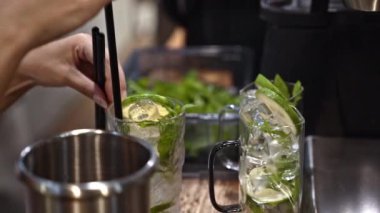 Kokteyl hazırlama, barmen naneli ve limonlu içeceğe siyah plastik kamış, temiz bardakta taze malzemeler, yaz içeceği, soğutucu içeceklerin sembolü..