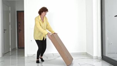 Kadın, parlak dairesinde satın alınmış bir kutu mobilyayı açıyor, kendi kendine montaj için parçaları düzenliyor ve tüm seti kontrol ediyor, sıcak bir eve taşınma için heyecanlanıyor..