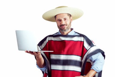 Portrait of a mature man dressed in traditional Chilean huaso clothing holding a notebook, isolated white background clipart