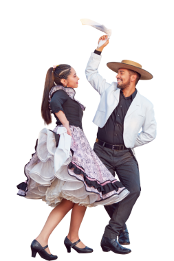 Huaso gibi giyinmiş genç bir çift şeffaf arka planda yüz yüze dans ediyor. 