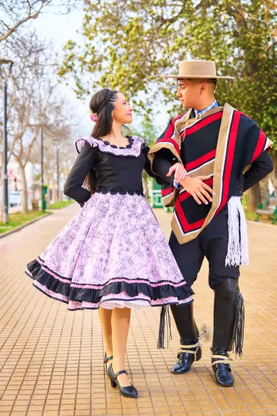 Şehir meydanında yürüyen ve Fiestas Patrias Şili 'yi kutlayan iki huasonun portresi.