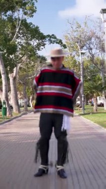 Şilili Huaso kostümlü bir gencin portresi meydanda poz veriyor, Şili Patrias kutlamaları.