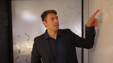 Genç işadamı beyaz tahta üzerine yazı ve açıklama yapıyor.