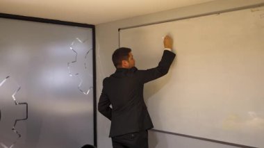 Genç işadamı beyaz tahta üzerine yazı ve açıklama yapıyor.