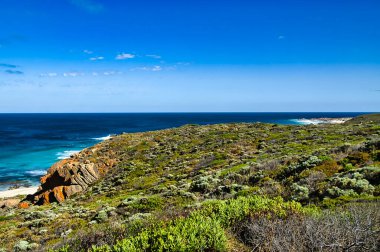 Cape Naturaliste, Leeuwin-Naturaliste Ulusal Parkı, Margaret River Bölgesi, Batı Avustralya 'daki alçak kıyı çalılıkları ve kızıl uçurumlar