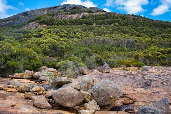 Wzniesiona Granitowa Góra Gęstą Roślinnością Przybrzeżną Porośniętymi Granitowymi Głazami Wzdłuż — Zdjęcie stockowe