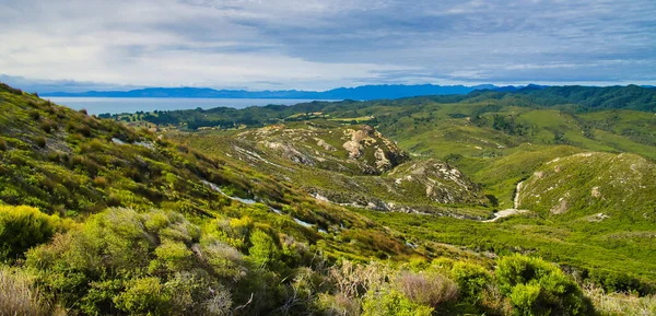 Panoramatický Výhled Kopce Pobřežní Vegetací Pozadí Vzdálené Pobřeží Pohled Majáku — Stock fotografie