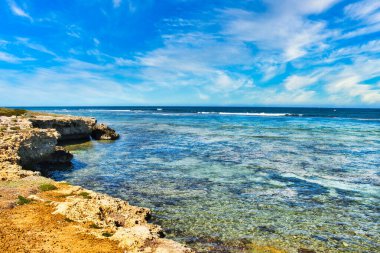 Batı Avustralya 'daki Denison Limanı' nda kristal berraklığında su bulunan kayalık mercan kıyısı.