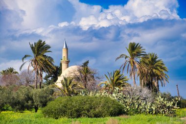 Kıbrıs 'ın Larnaka kentindeki Osmanlı Türk Hala Tekke (1760) veya Umm Haram Camii, koyu bulutlar altında uzun palmiye ağaçları ve kaktüslerle çevrili.. 