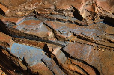 Blue patterns and structures on layers of banded ironstone formations in Karijini National park, in the Hamersley Range, Western Australia clipart
