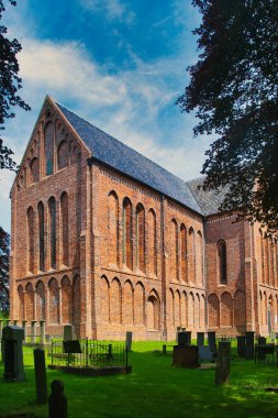 Hollanda 'nın Groningen ilinin Zuidbroek kentinde eski bir mezarlıkla çevrili olan Romano-Gotik St. Peters kilisesinin (Petruskerk, 15. yüzyıl) etkileyici nave' i.