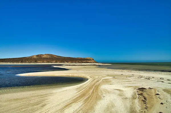 stock image Sandbar at low tide in the transparent shallow tropical waters of Shark Bay, Whale Bone Point, Denham, Western Australia. In the background the coast of Peron Peninsula.