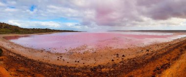 Batı Avustralya 'da bulutlu bir yaz gününde Gregory, Kalbarri, Coral Coast, Port Gregory yakınlarındaki son derece tuzlu Pembe Göl' ün (Hutt Lagoon) sahili ve sahili.