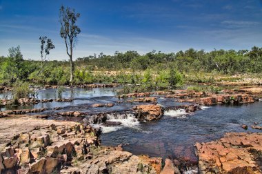 Nitmiluk Ulusal Parkı, Katherine, Kuzey Bölgesi, Avustralya 'daki Jatbula Patikası' ndaki Crystal Falls bölgesinde hızlı, havuz, küçük çağlayanlar ve tropikal bitkiler.
