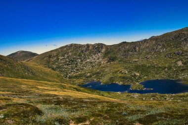Kosciuszko Ulusal Parkı 'ndaki Main Range Yürüyüş Pisti boyunca uzanan Mavi Göl, Yeni Güney Galler, Avustralya. Kayalık yamaçları ve kır çiçekleri olan dağlık bir manzara.