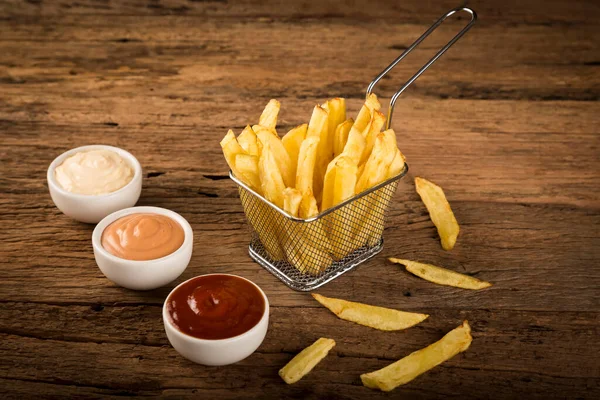French Fries Sauces Rustic Wooden Background — Stock Photo, Image