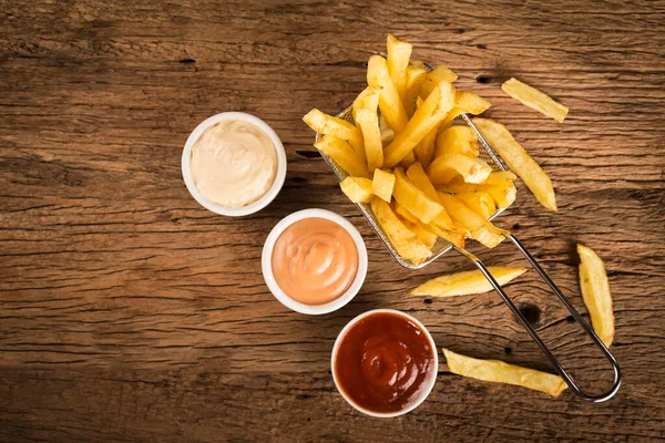 French Fries Sauces Rustic Wooden Background — Stock Photo, Image