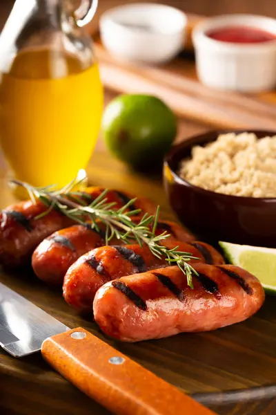Grilled Barbecue Sausages Wooden Background — Stock Photo, Image