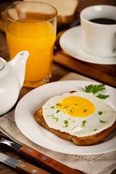Breakfast Juice Coffee Toast Fried Egg — Stock Photo, Image