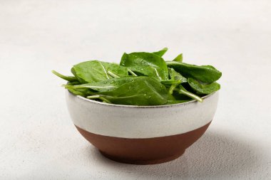 Beyaz arka planda bir kasede Arugula salatası..