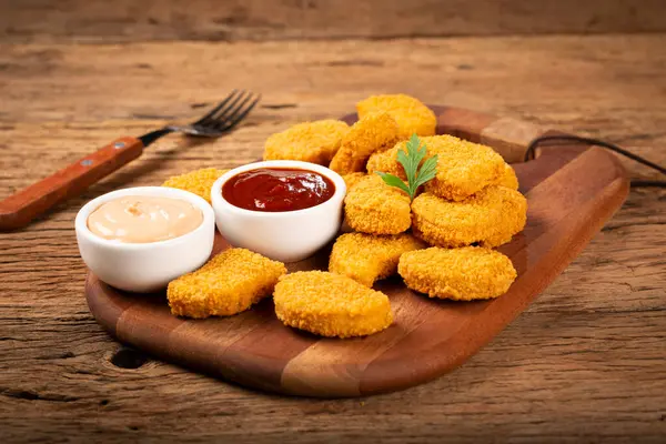 Gebratene Chicken Nuggets Mit Ketchp Und Rosensoße — Stockfoto