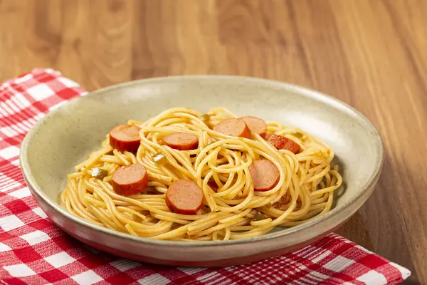 Spaghetti Pasta Sliced Sausage Tomato Sauce — Stock Photo, Image