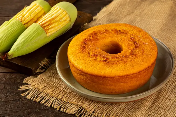 Delicious corn cake on table. Typical Brazilian cake.