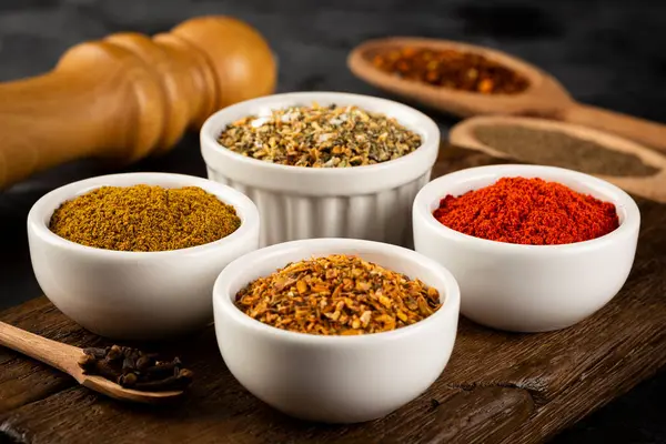 Variety Spices Seasonings Table — Stock Photo, Image