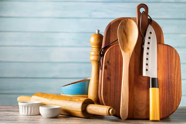 Kitchen Utensils Wooden Background — Stock Photo, Image