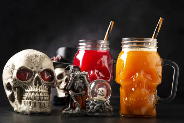 Halloween Drink Pumpkin Drink Blood Drink Skull Glass — Stock Photo, Image
