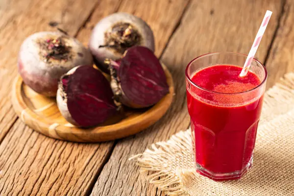 Red Beet Juice Glass Cup Wooden Table — Stock Photo, Image