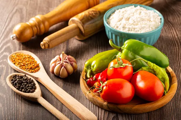 Wooden Table Ingredients Pizza — Stock Photo, Image