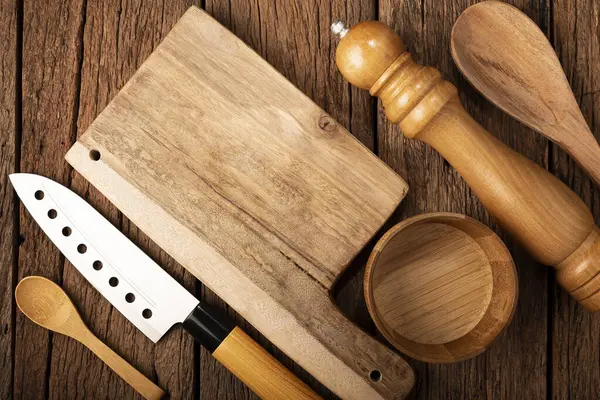 Cutting Board Kitchen Utensils Rustic Background — Stock Photo, Image