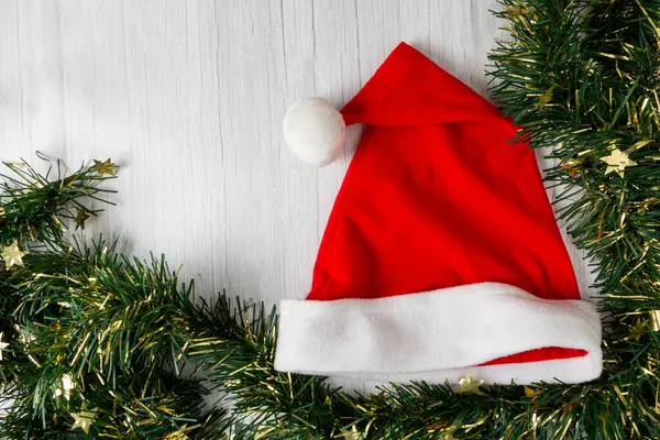 Santa Claus Hat Christmas Decorations Wooden Table — Stock Photo, Image