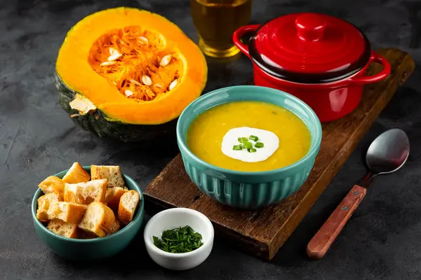 Bowl Pumpkin Soup Table — Stock Photo, Image