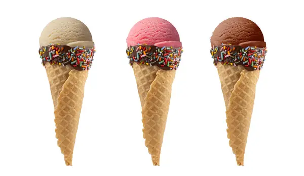 Ice Cream Cone Vanilla Strawberry Chocolate Flavors Isolated White Background — Stock Photo, Image