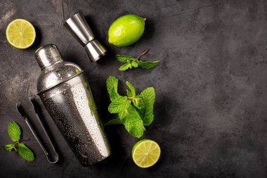Mojito içeceği için gerekli malzemeler. Limon, nane ve bar takımı.