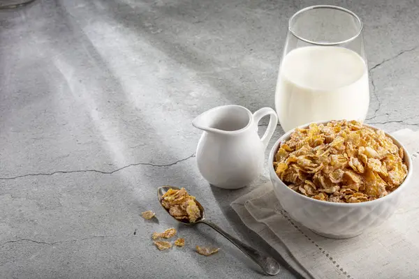 Corn Flakes Bowl Glass Milk Table — Stock Photo, Image