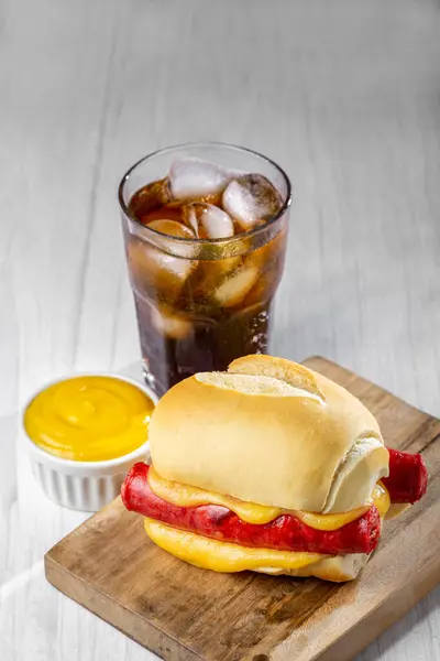 Cheese Sausage Sandwich Soda Glass — Stock Photo, Image