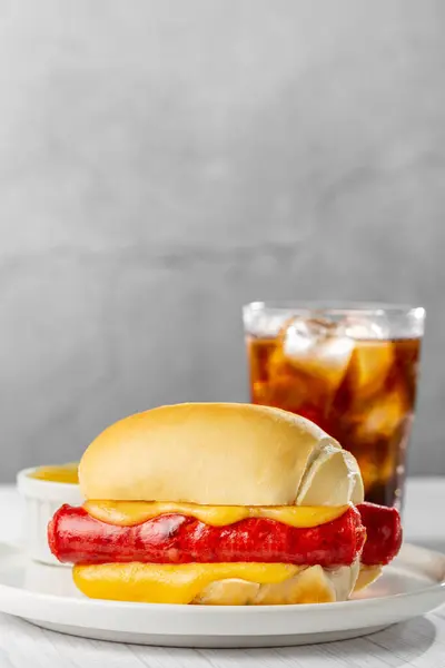 Cheese Sausage Sandwich Soda Glass — Stock Photo, Image