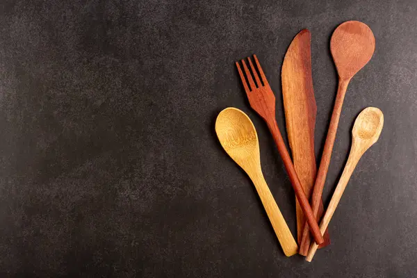 Wooden Cutlery Dark Background — Stock Photo, Image