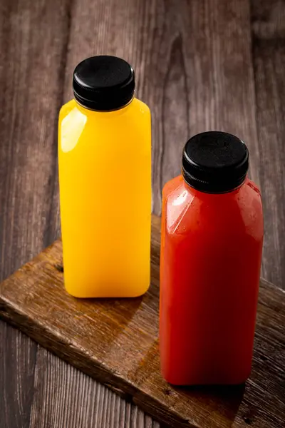 Healthy Fruit Smoothies Plastic Bottles — Stock Photo, Image