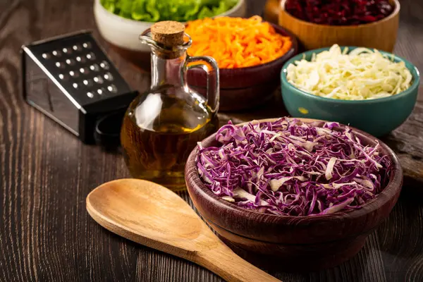 Fresh Grated Vegetables Bowls Table Healthy Food — Stock Photo, Image